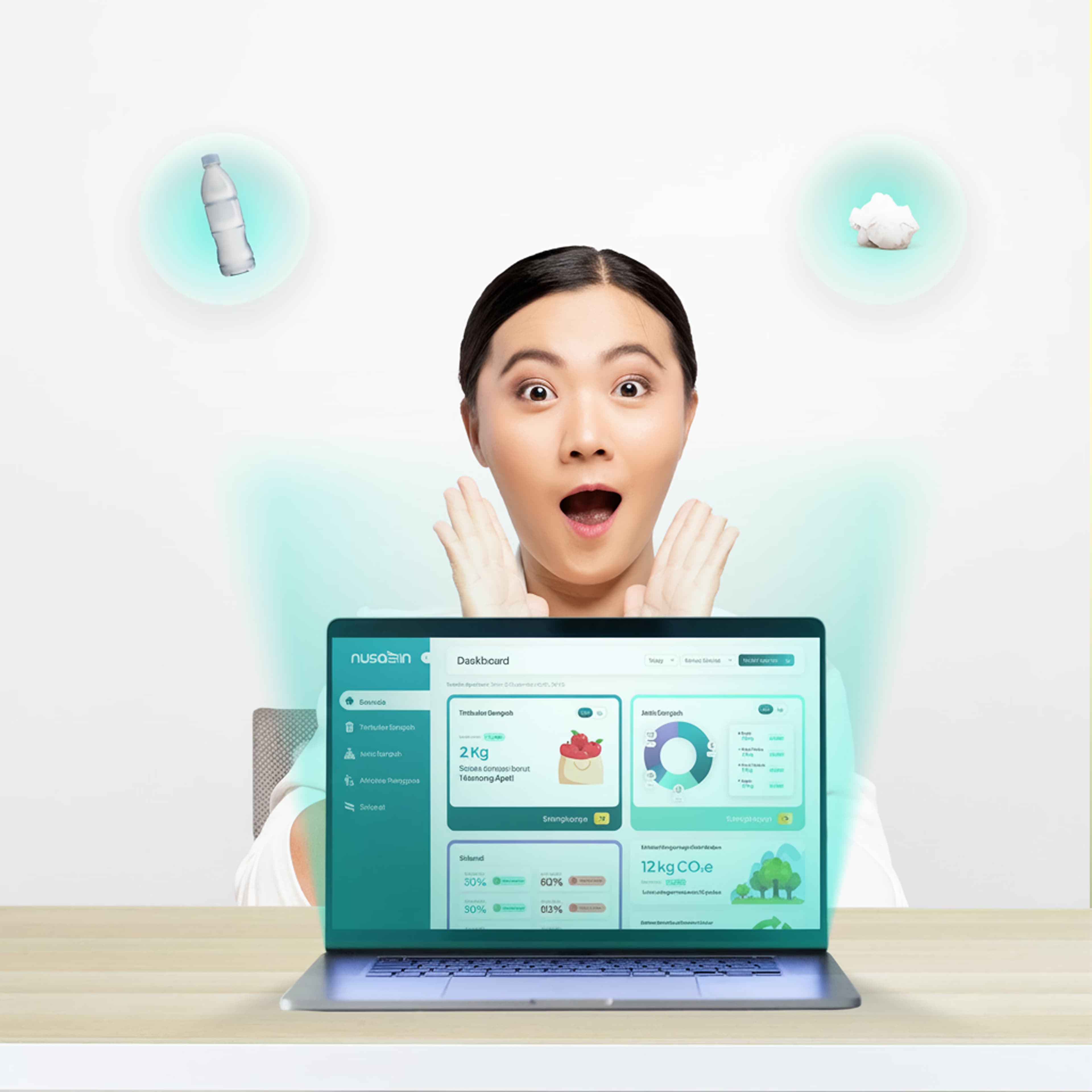 Excited user behind laptop displaying Nusabin SadewaApp with Srikandi on both sides