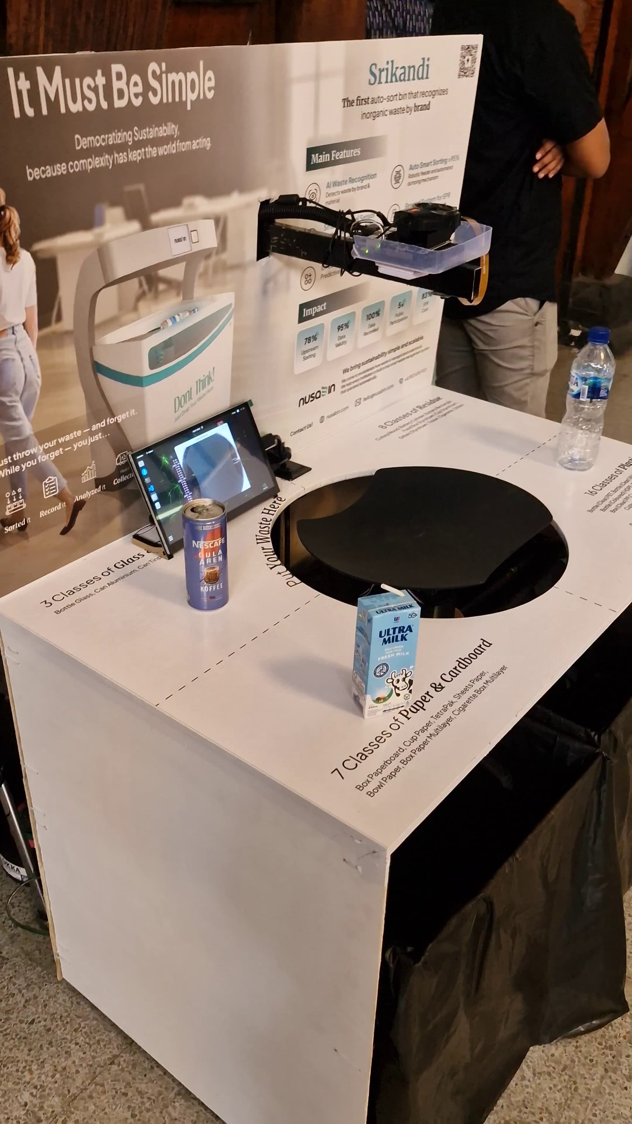 Angled view of Srikandi smart waste bin at Bandung Sustainability Forum 2025