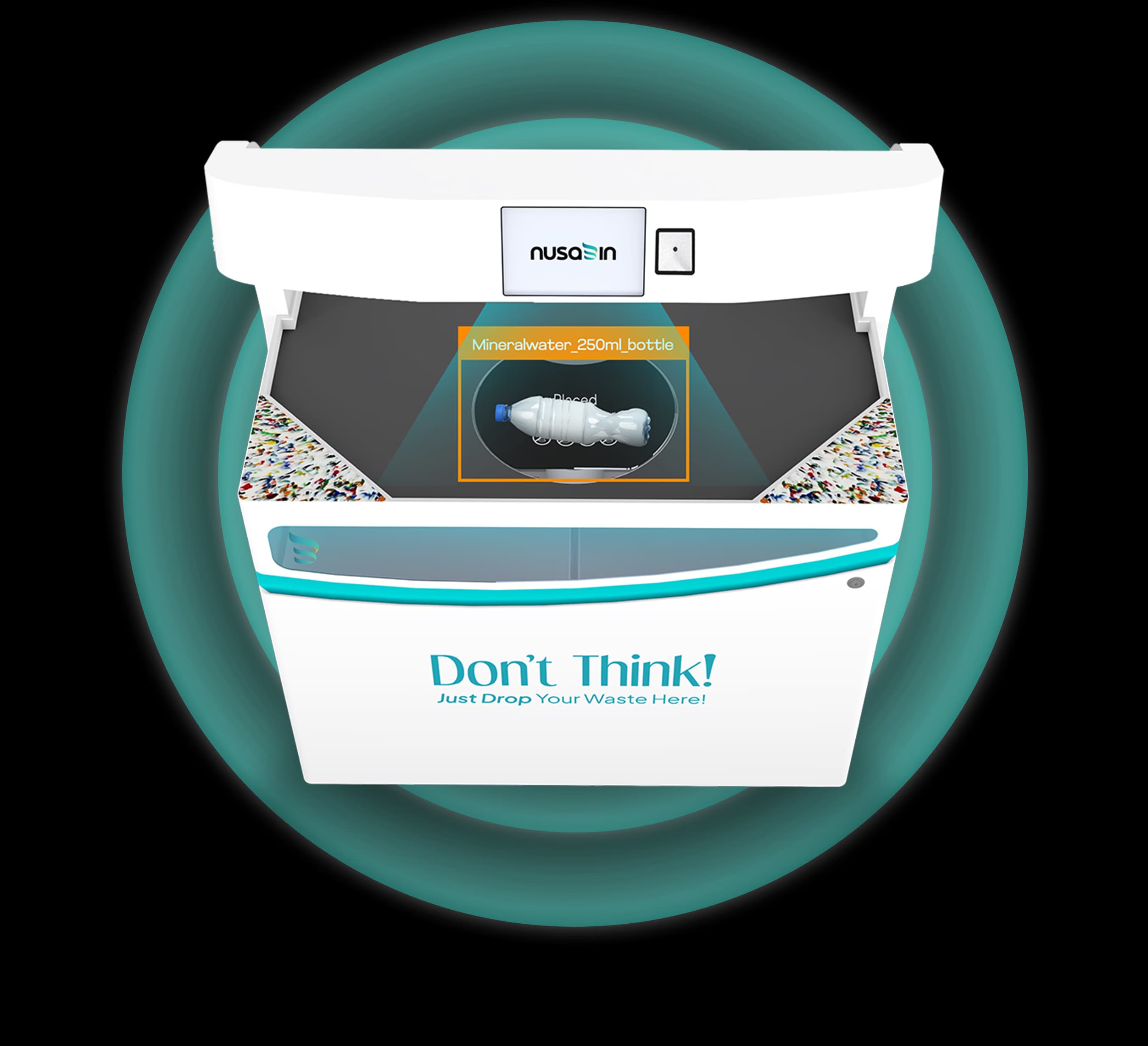 Top view of Nusabin Srikandi detecting water bottle with background