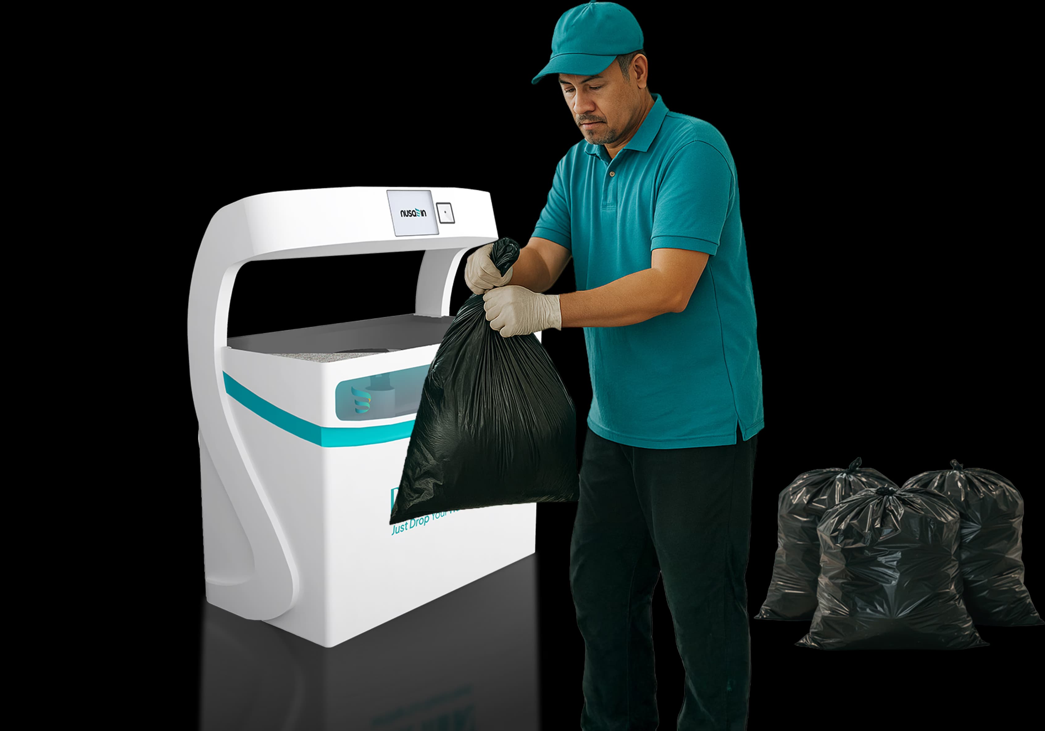 Operator collecting sorted waste bag from Srikandi no background