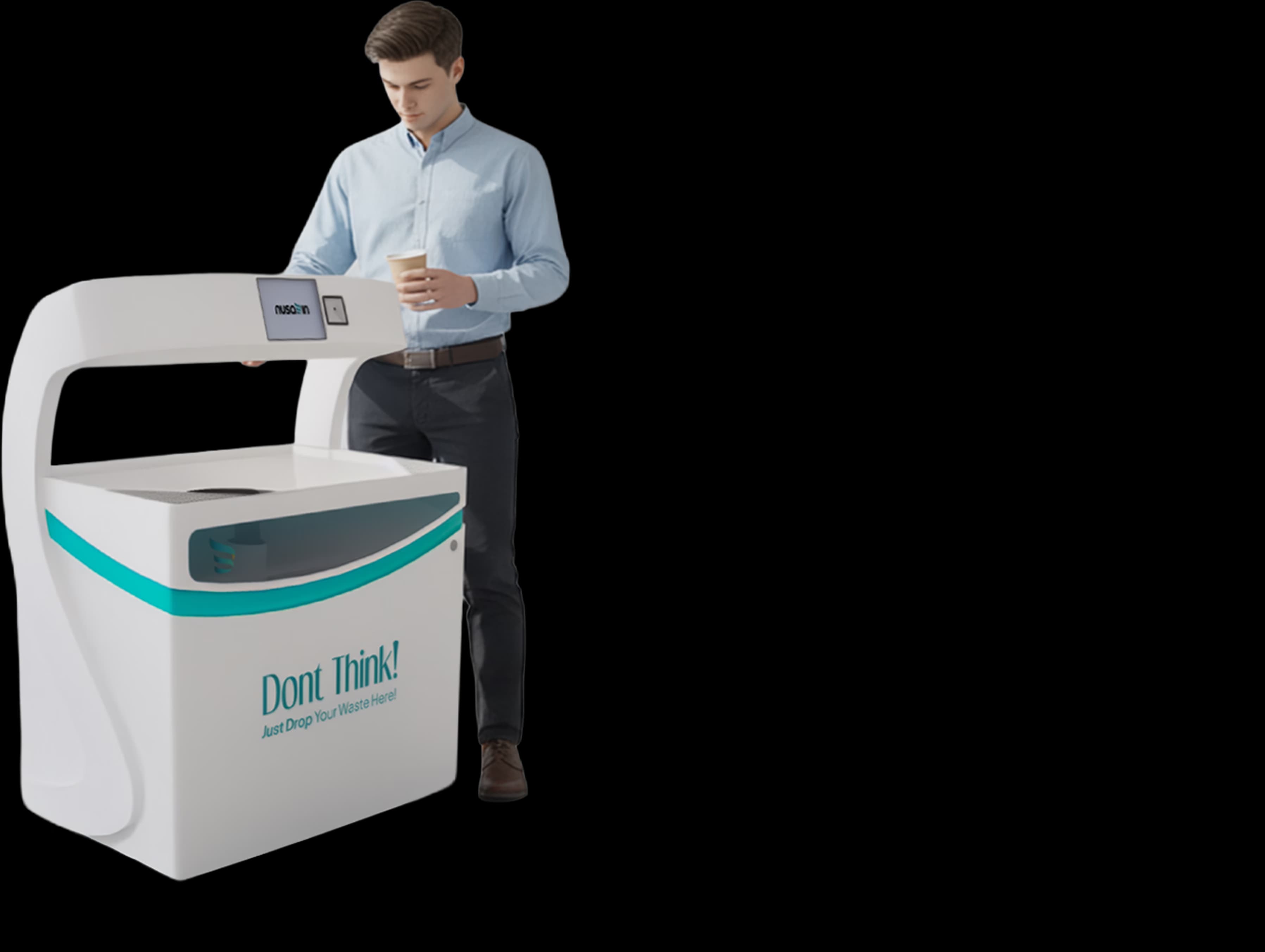 Employee disposing waste into Srikandi smart waste bin in modern office