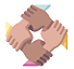 Four connected hands forming a square representing unity and collaboration